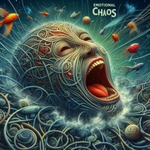 Emotional Chaos ist ein Bild, das eine Vielzahl von intensiven und widersprüchlichen Gefühlen darstellt. Es wird visuell durch chaotische und unstrukturierte Elemente, kräftige Farben und dynamische Formen dargestellt, die das Gefühl von Verwirrung, Überwältigung und innerem Durcheinander vermitteln.