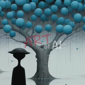 Illustration einer Silhouette in schwärz vor einem baum mit blauen Bällen